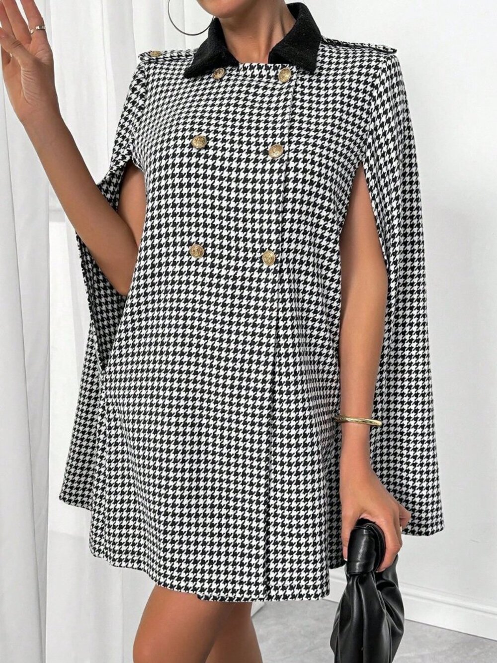 Black And White Elegant Women's Houndstooth Color Block Overcoat